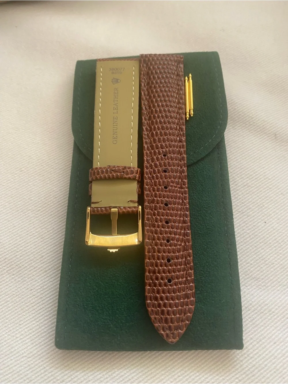 Vintage Brown Lizard-Texture Leather Watch Strap Rolex Gold Plated Buckle 20mm